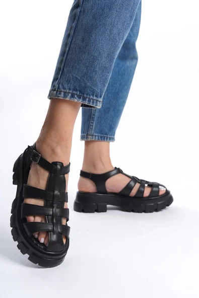 Kadın Petra Siyah Yüksek Taban Kafes Model Sandalet 950 - 2