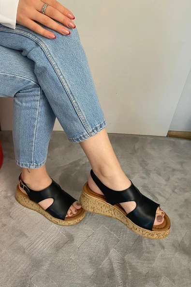 Kadın Tinge Siyah Cilt Kalın Mantar Taban Ortopedik  Sandalet  K-250 - 3