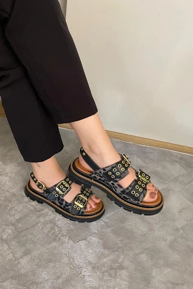 Kadın Mendez Siyah Leopar Çift Bantlı Kabsül ve Vardola Deyatlı  Kalın Taban Ortopedik  Sandalet  K-120 - 1