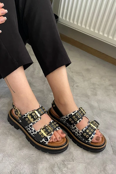 Kadın Mendez Beyaz Leopar Çift Bantlı Kabsül ve Vardola Deyatlı  Kalın Taban Ortopedik  Sandalet  K-120