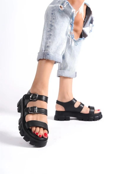 Kadın Seso Siyah Yüksek Üç Bant Bilekten Bağlamalı Sandalet 970 - 3