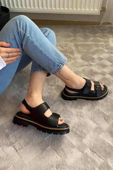 Kadın Merlin Siyah Çift Bantlı Vardola Deyatlı Kalın Taban Ortopedik Sandalet K-110 - 2