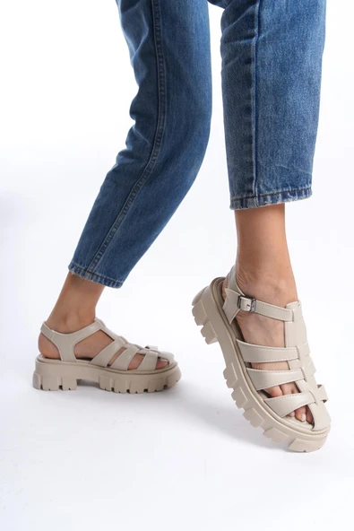 Kadın Petra Krem Deri Yüksek Taban Kafes Model Sandalet 950 - 2