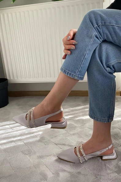 Kadın Linda Gümüş Saten İki Sıra Taşlı Arkası Acık 2 cm Topuklu Sivri Burun Babet - 5