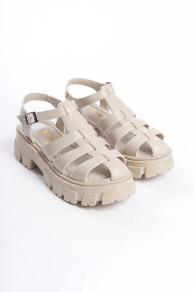 Kadın Petra Krem Yüksek Taban Kafes Model Sandalet 950 - 4
