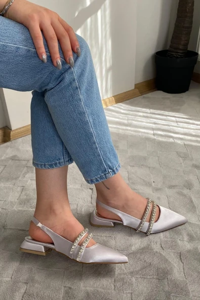 Kadın Linda Gümüş Saten İki Sıra Taşlı Arkası Acık 2 cm Topuklu Sivri Burun Babet - 2