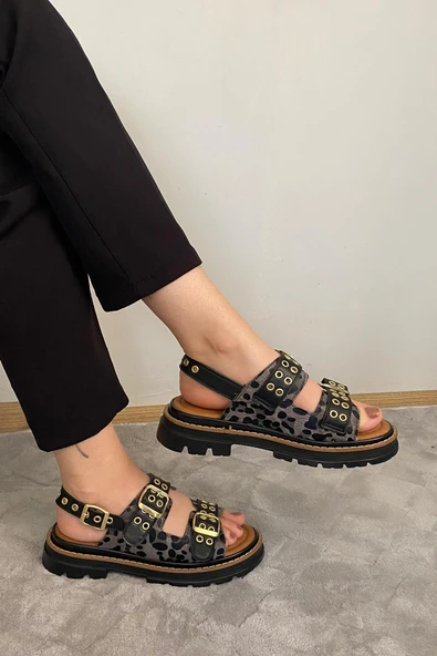 Kadın Mendez Siyah Leopar Çift Bantlı Kabsül ve Vardola Deyatlı  Kalın Taban Ortopedik  Sandalet  K-120 - 3