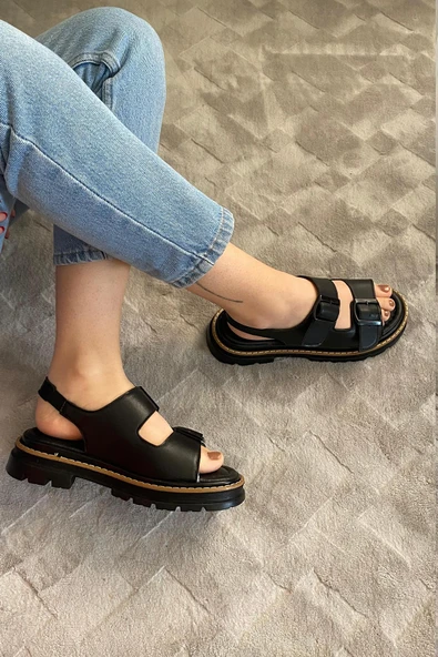 Kadın Merlin Siyah Çift Bantlı Vardola Deyatlı  Kalın Taban Ortopedik  Sandalet  K-110 - 4