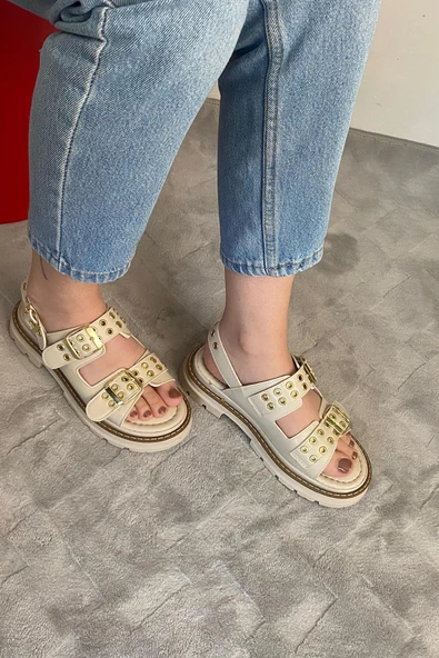 Kadın Mendez Krem Çift Bantlı Kabsül ve Vardola Deyatlı  Kalın Taban Ortopedik  Sandalet  K-120 - 3