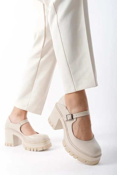 Kadın Ruby Krem Cilt Tek Baretli 8 cm Topuklu Platformlu Ayakkabı 601