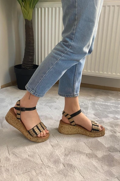 Kadın Eftal Siyah Hasır Detay Kalın Mantar Taban Ortopedik Sandalet K-230 - 3