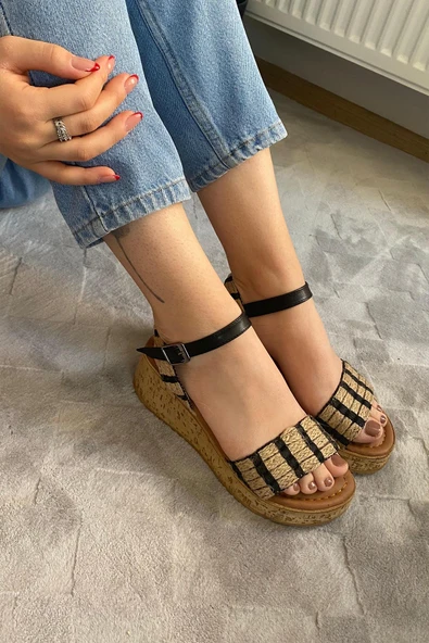 Kadın Eftal Siyah Hasır Detay Kalın Mantar Taban Ortopedik Sandalet K-230 - 4