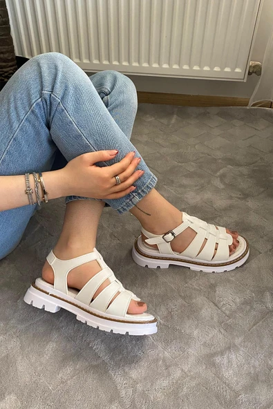 Kadın Desma Beyaz Kafes Model Vardola Deyatlı Kalın Taban Ortopedik Sandalet K-140 - 2