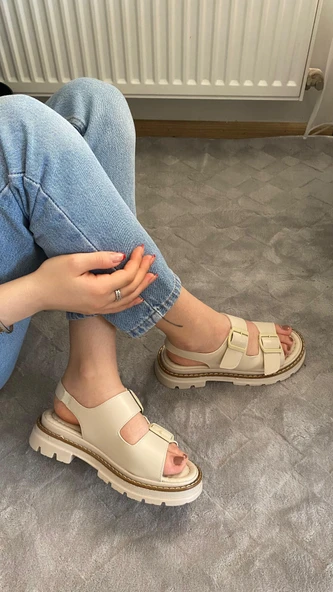 Kadın Merlin Krem Cilt Çift Bantlı Vardola Deyatlı  Kalın Taban Ortopedik  Sandalet  K-110 - 2