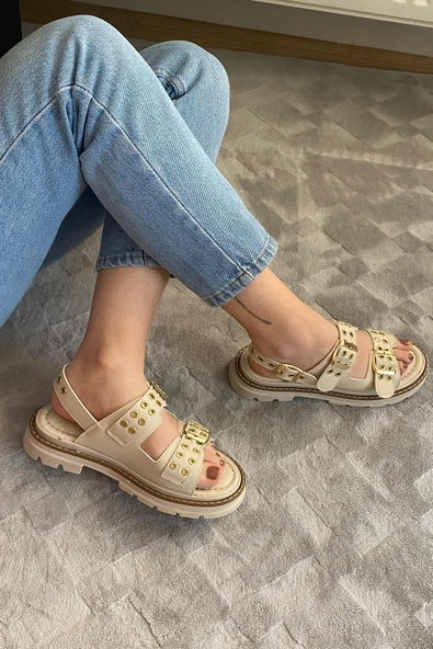 Kadın Mendez Krem Çift Bantlı Kabsül ve Vardola Deyatlı Kalın Taban Ortopedik Sandalet K-120