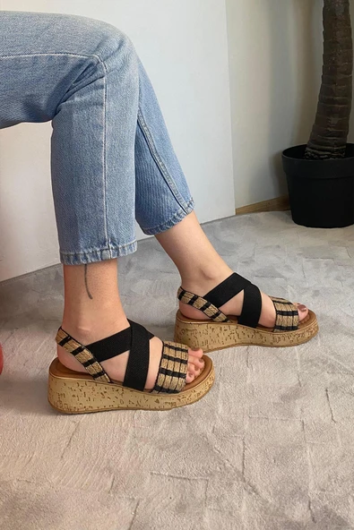 Kadın Margo Siyah Hasır Detaylı Lastilki Kalın Mantar Taban Ortopedik  Sandalet  K-220 - 3
