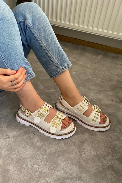 Kadın Mendez Beyaz Cilt Çift Bantlı Kabsül ve Vardola Deyatlı Kalın Taban Ortopedik Sandalet K-120