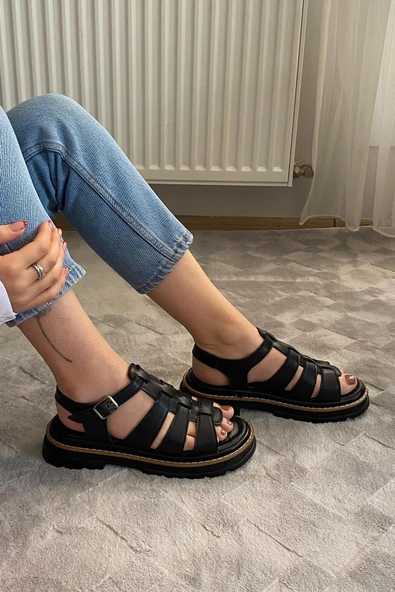 Kadın Desma Siyah Kafes Model Vardola Deyatlı  Kalın Taban Ortopedik  Sandalet  K-140 - 5