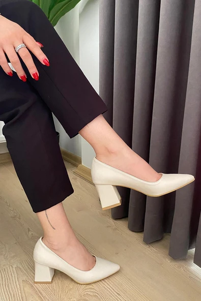 Kadın Nova Krem Cilt 6,5 cm Kalın Topuklu Stiletto - 6