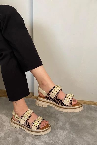 Kadın Mendez Bej Leopar Çift Bantlı Kabsül ve Vardola Deyatlı  Kalın Taban Ortopedik  Sandalet  K-120 - 5