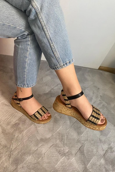 Kadın Eftal Siyah Hasır Detay Kalın Mantar Taban Ortopedik Sandalet K-230 - 5