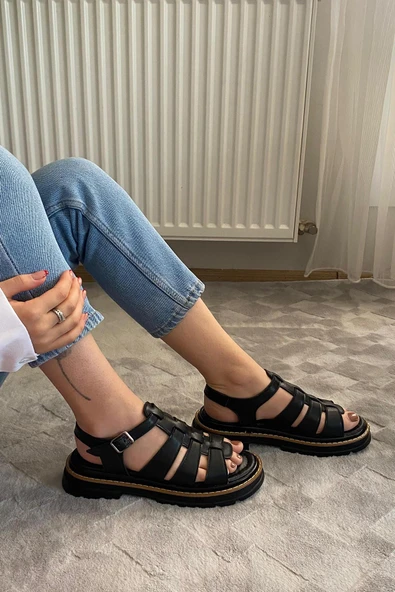 Kadın Desma Siyah Kafes Model Vardola Deyatlı  Kalın Taban Ortopedik  Sandalet  K-140 - 3