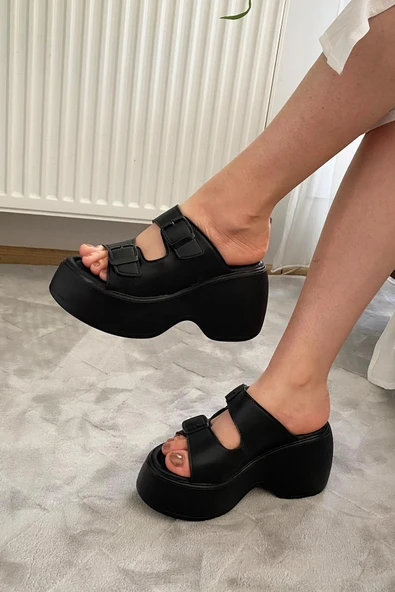 Kadın Oliver Siyah İki Tokalı Kalın Taban Ortopedik Sandalet K-3040 - 5