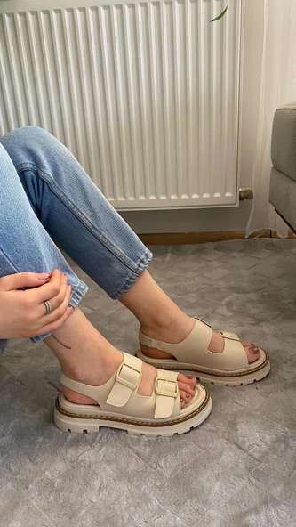 Kadın Merlin Krem Cilt Çift Bantlı Vardola Deyatlı  Kalın Taban Ortopedik  Sandalet  K-110 - 3