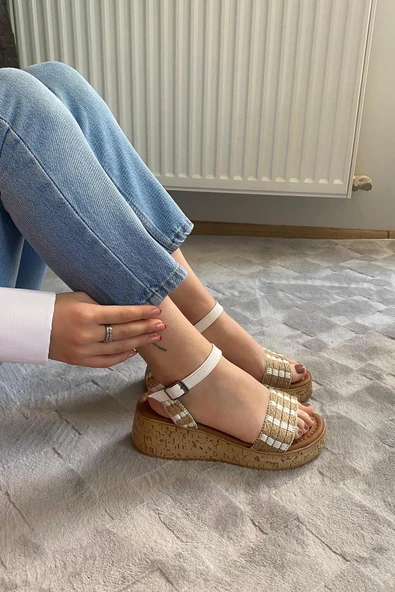 Kadın Eftal Beyaz Hasır Detay Kalın Mantar Taban Ortopedik  Sandalet  K-230 - 4