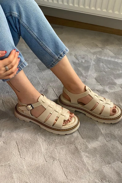 Kadın Desma Bej Kafes Model Vardola Deyatlı  Kalın Taban Ortopedik  Sandalet  K-140 - 2