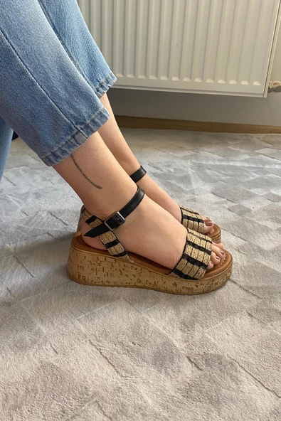 Kadın Eftal Siyah Hasır Detay Kalın Mantar Taban Ortopedik Sandalet K-230 - 2