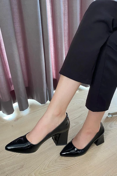 Kadın Nova Siyah Rugan 6,5 cm Kalın Topuklu Stiletto - 4