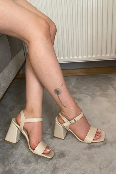 Kadın Patrica Krem Cilt Tek Bant 9 cm Kalın Topuklu Aykkabı - 4