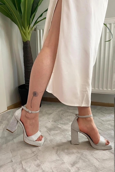 Kadın Verlino Simli Gümüş Tek Bantlı Bantlı Bilektan Bağlamalı 10 cm Platfom Topuklu Aykkabı - 5