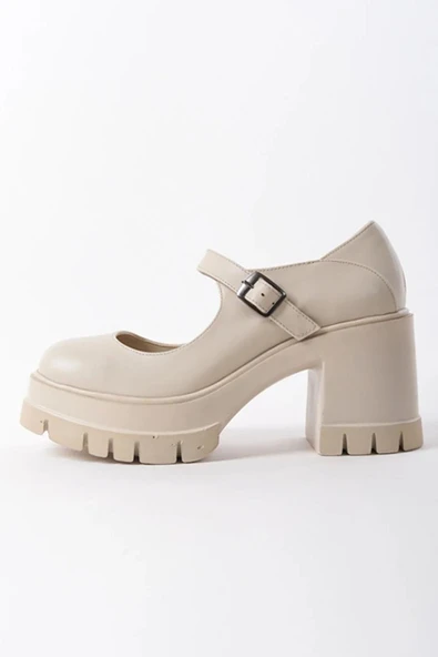 Kadın Ruby Krem Cilt Tek Baretli 8 cm Topuklu Platformlu Ayakkabı 601 - 3