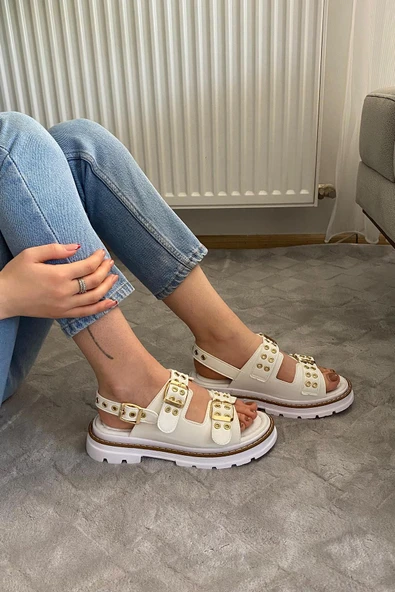 Kadın Mendez Beyaz Cilt Çift Bantlı Kabsül ve Vardola Deyatlı  Kalın Taban Ortopedik  Sandalet  K-120 - 3