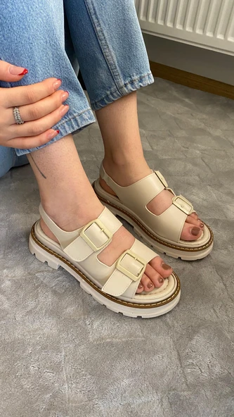 Kadın Merlin Krem Cilt Çift Bantlı Vardola Deyatlı Kalın Taban Ortopedik Sandalet K-110