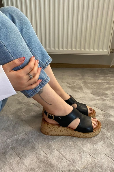 Kadın Tinge Siyah Cilt Kalın Mantar Taban Ortopedik Sandalet K-250 - 2