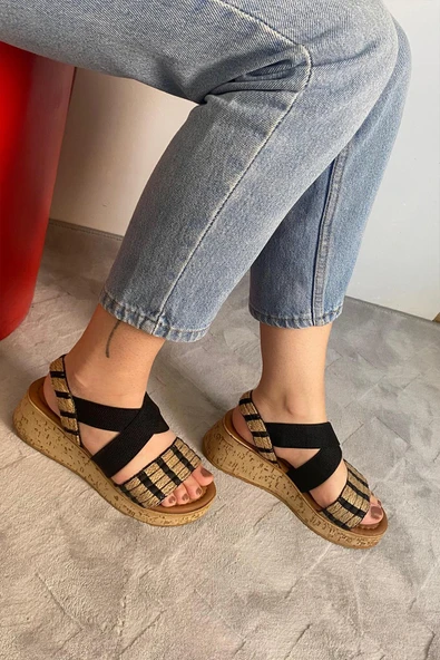 Kadın Margo Siyah Hasır Detaylı Lastilki Kalın Mantar Taban Ortopedik  Sandalet  K-220 - 5