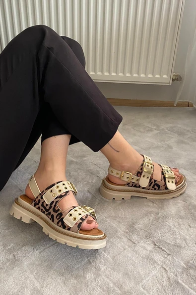 Kadın Mendez Bej Leopar Çift Bantlı Kabsül ve Vardola Deyatlı  Kalın Taban Ortopedik  Sandalet  K-120 - 3