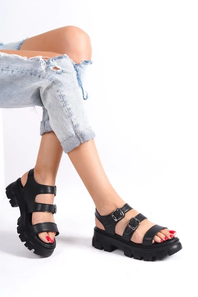 Kadın Seso Siyah Yüksek Üç Bant Bilekten Bağlamalı Sandalet 970 - 2