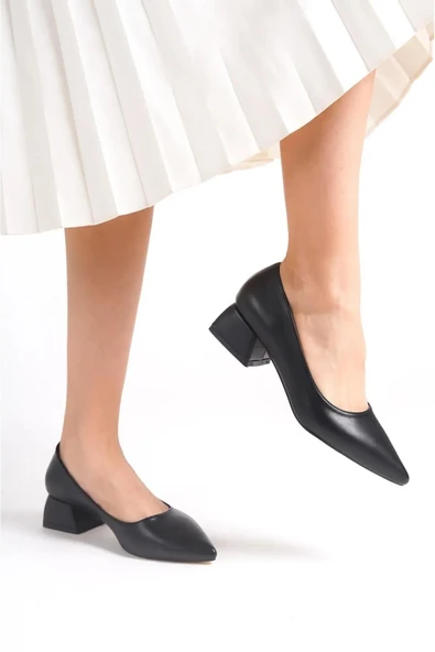 Kadın Mora Siyah Deri  3,5 cm Kalın Topuklu Ayakkabı - 3