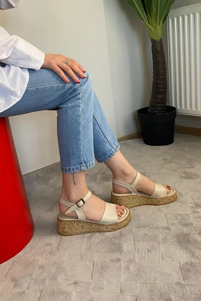 Kadın Bohema Bej Cilt Tek Bantlı Kalın Mantar Taban Ortopedik  Sandalet  K-210 - 4