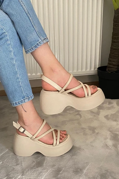 Kadın Anita Bej Biyeli Kalın Taban Ortopedik  Sandalet  K-3020 - 4