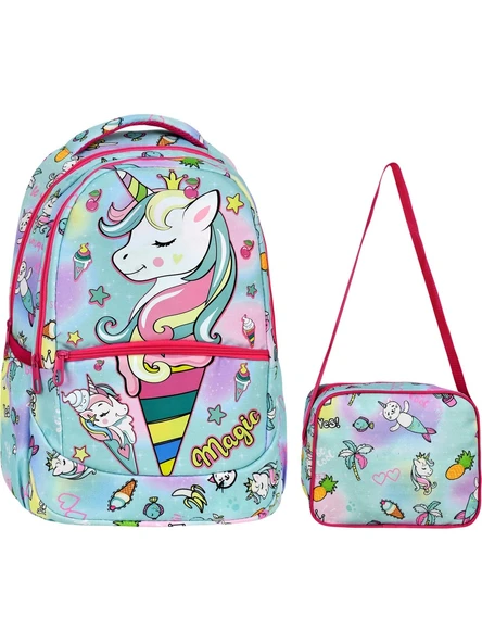 Yeşil Magic Unicorn Figürlü Kız İlkokul Sırt Çantası + Beslenme Çantası (2305)