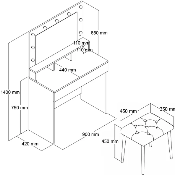 LİGHT MAKYAJ MASASI TABURELİ TAKIM - Resim 6