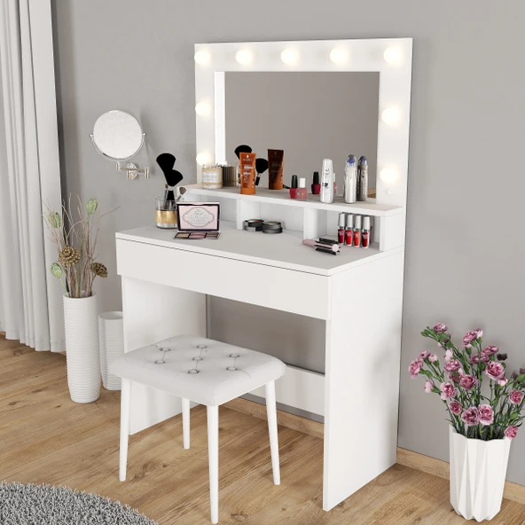 LİGHT MAKYAJ MASASI TABURELİ TAKIM - Resim 4