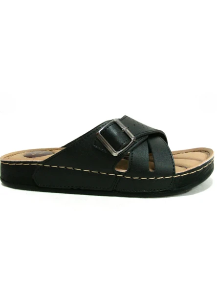 Apella Siyah Tek Tokalı Çapraz Bant Anatomik Comfort Kadın Terlik - Resim 7