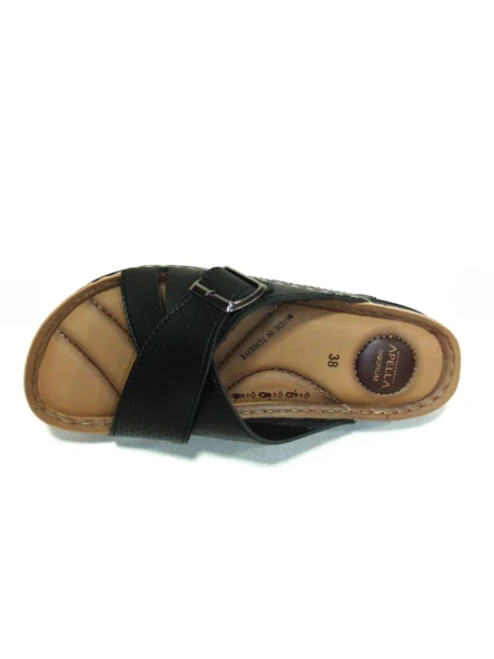 Apella Siyah Tek Tokalı Çapraz Bant Anatomik Comfort Kadın Terlik - Resim 3