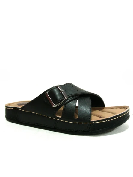 Apella Siyah Tek Tokalı Çapraz Bant Anatomik Comfort Kadın Terlik ürün görseli 1